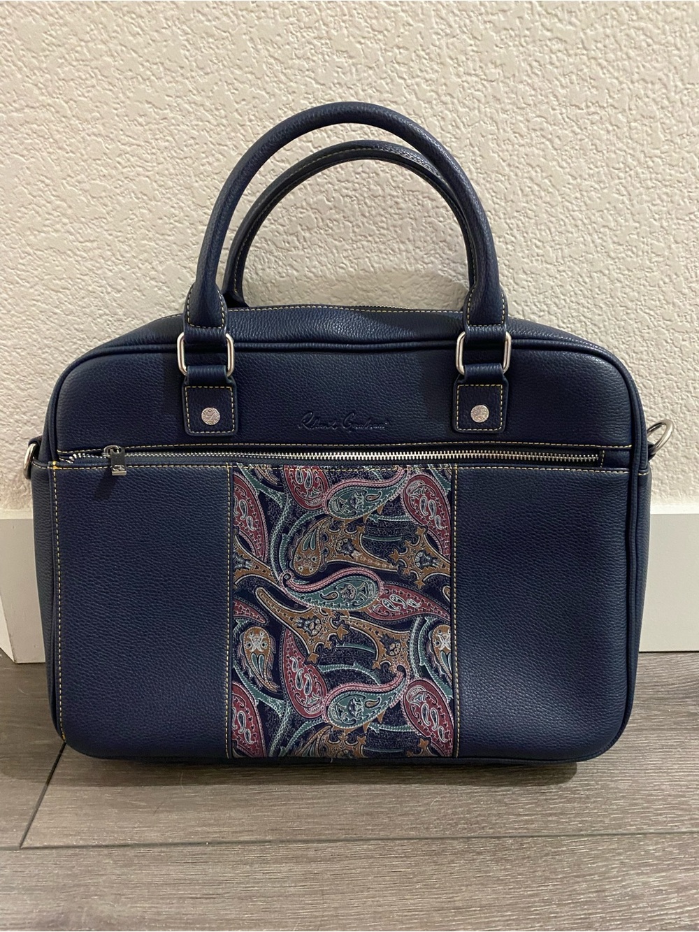 Robert Graham Navy Leather Laptop Bag with Paisley Accent